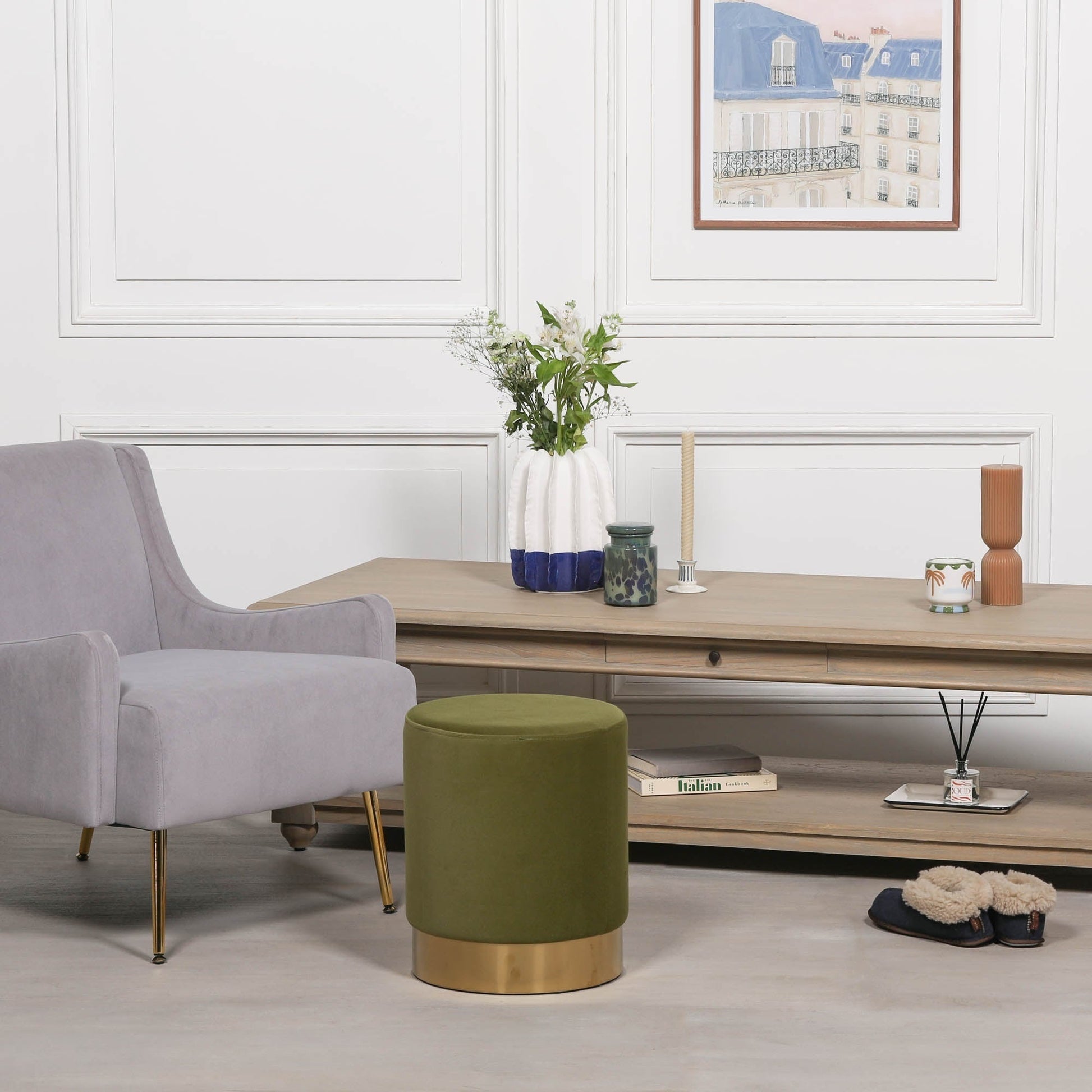 Olive Green Velvet Round Stool with Gold Trim Base stool CasaFenix