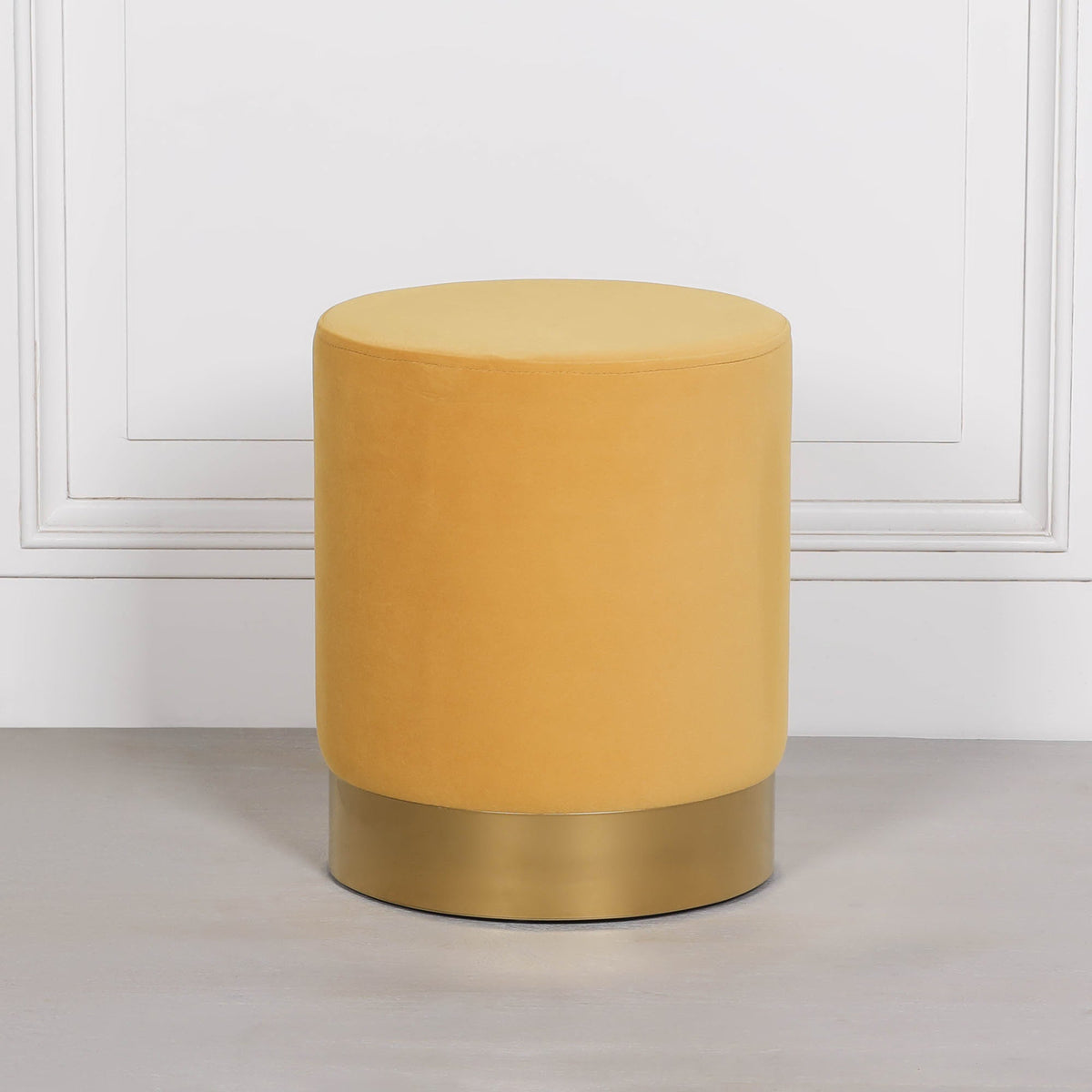 Mustard Yellow Velvet Round Stool with Gold Trim Base stool CasaFenix