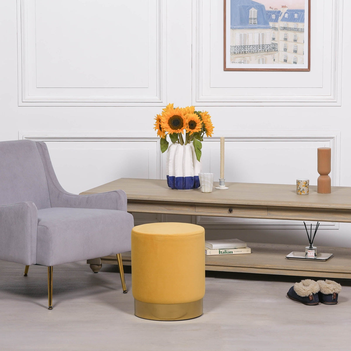 Mustard Yellow Velvet Round Stool with Gold Trim Base stool CasaFenix