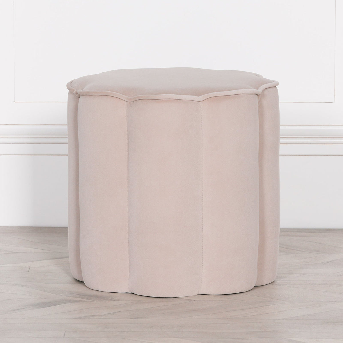 Natural Velvet Round Footstool with Piped Edge Detail Stools CasaFenix