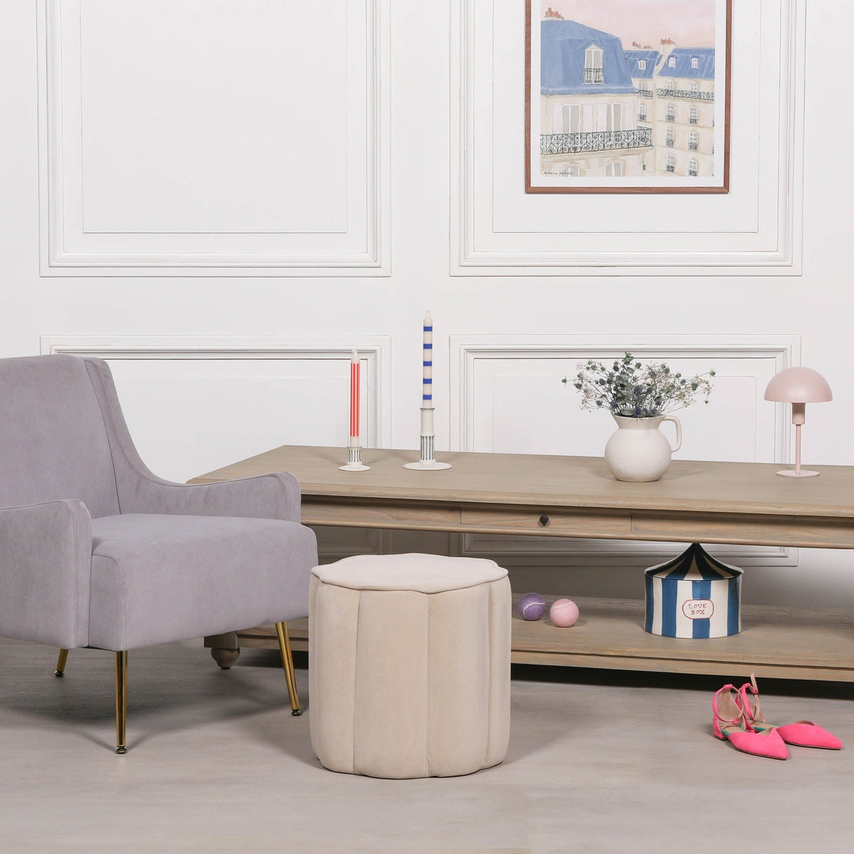 Natural Velvet Round Footstool with Piped Edge Detail Stools CasaFenix