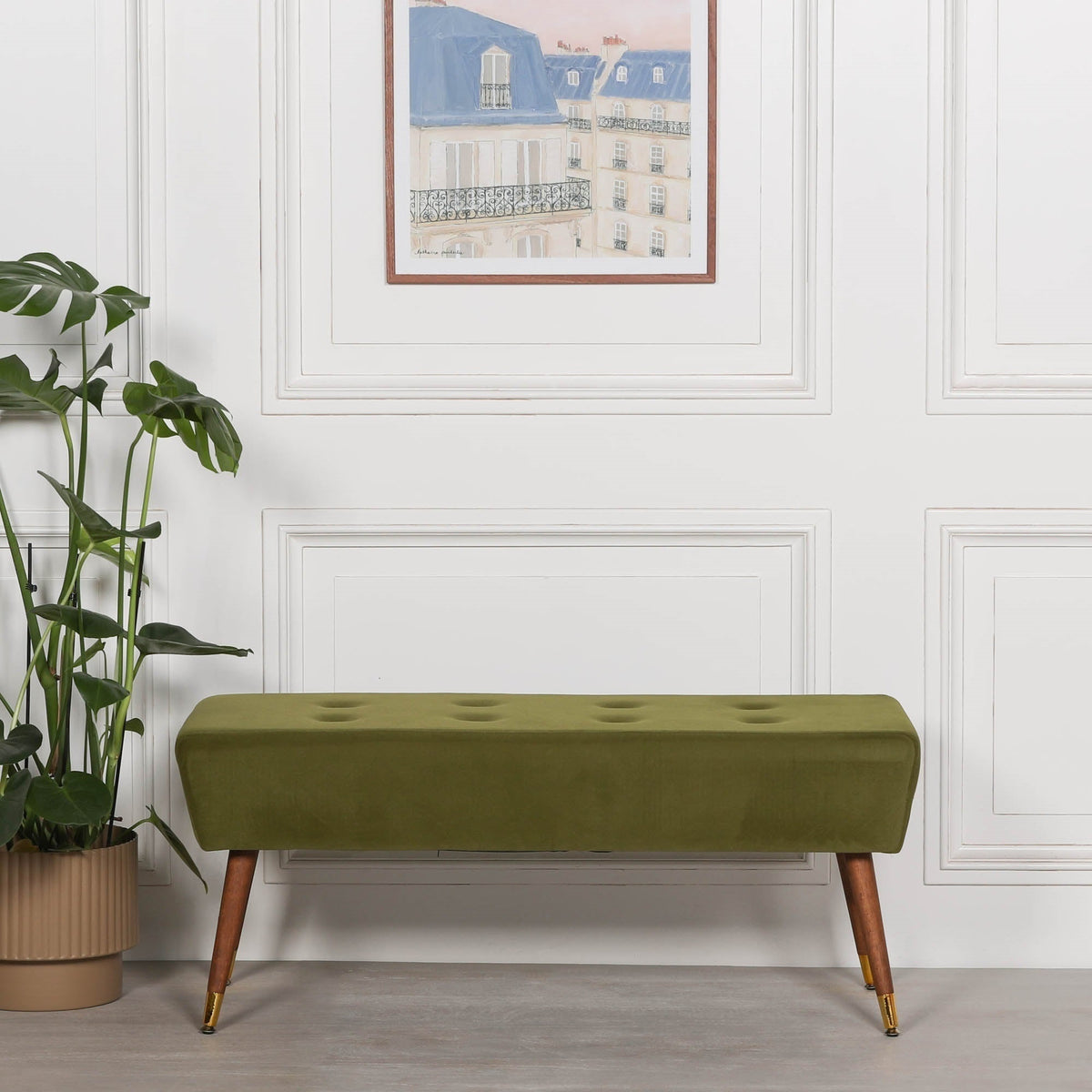 Olive Green Velvet Ottoman Bench with Button Detail & Gold-Finish Legs Stools CasaFenix