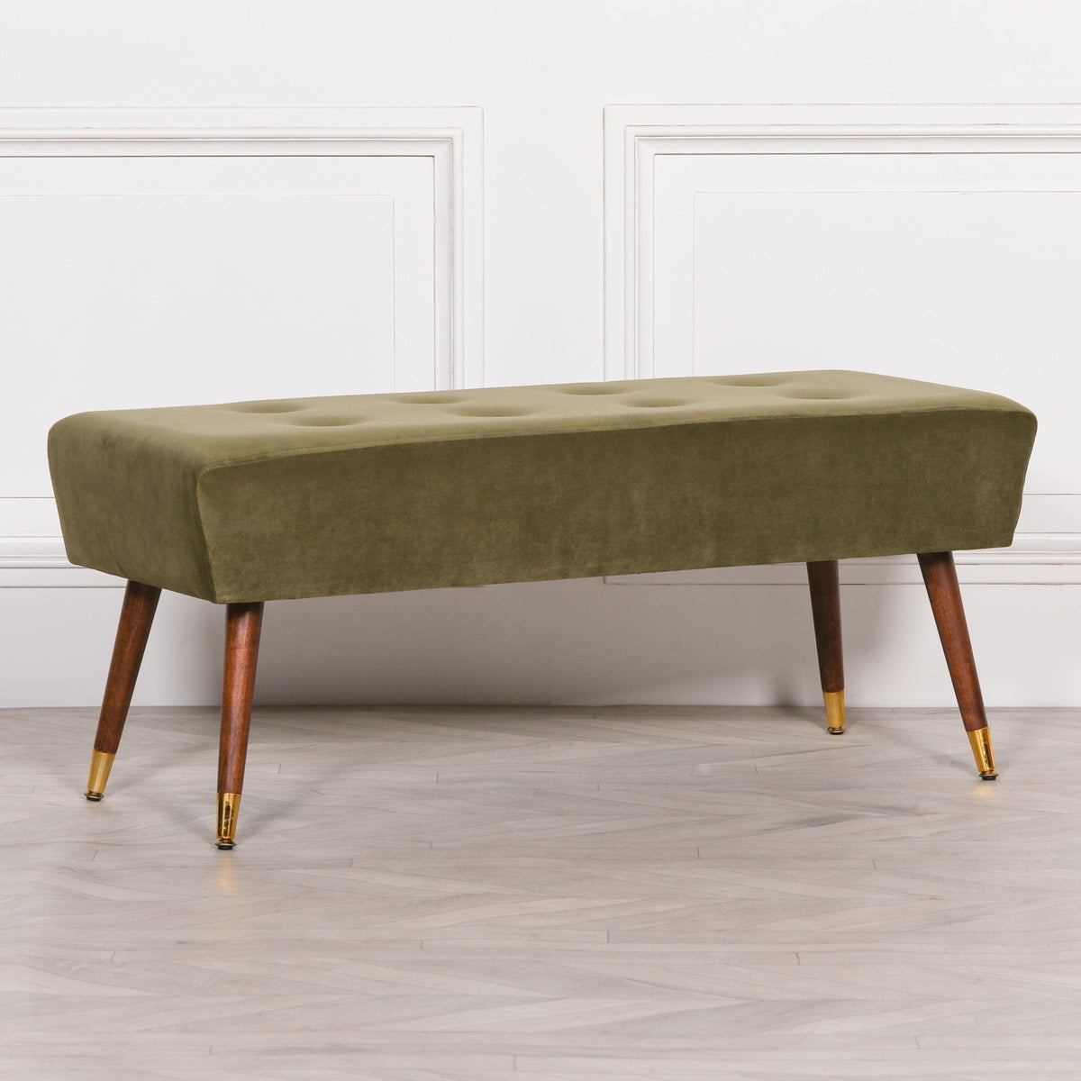 Olive Green Velvet Ottoman Bench with Button Detail & Gold-Finish Legs Stools CasaFenix