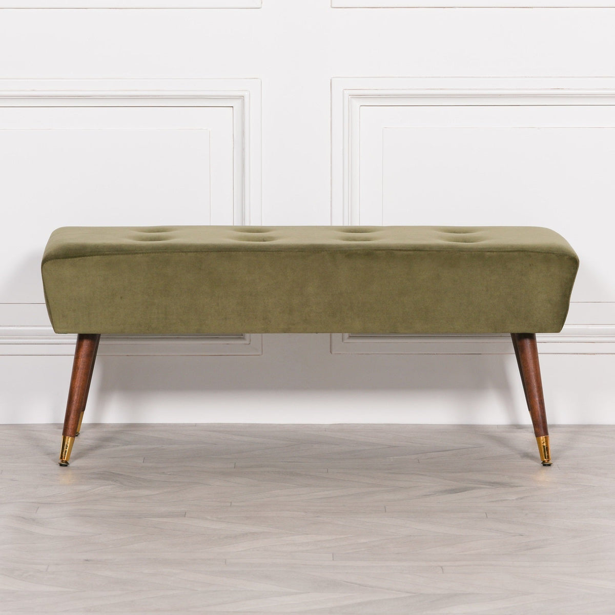 Olive Green Velvet Ottoman Bench with Button Detail & Gold-Finish Legs Stools CasaFenix