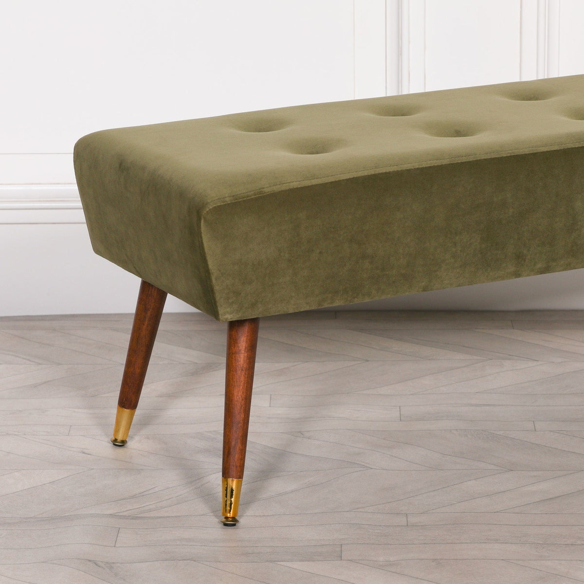 Olive Green Velvet Ottoman Bench with Button Detail & Gold-Finish Legs Stools CasaFenix