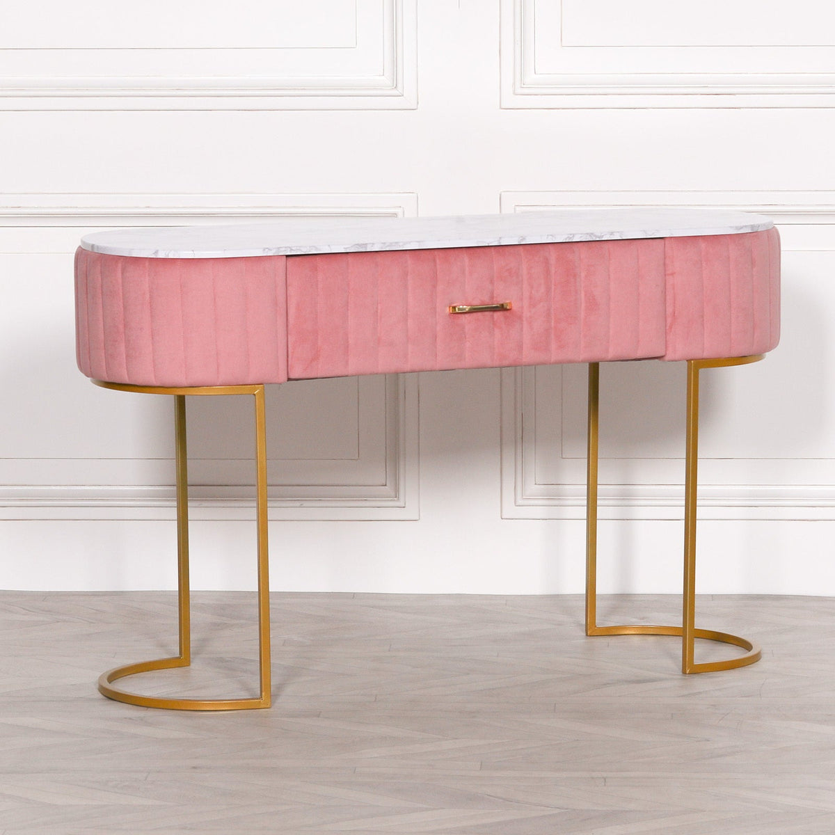 Pink Ribbed Velvet Dressing Table with Marble-Effect Top & Gold Base — 121cm Dressing Table CasaFenix