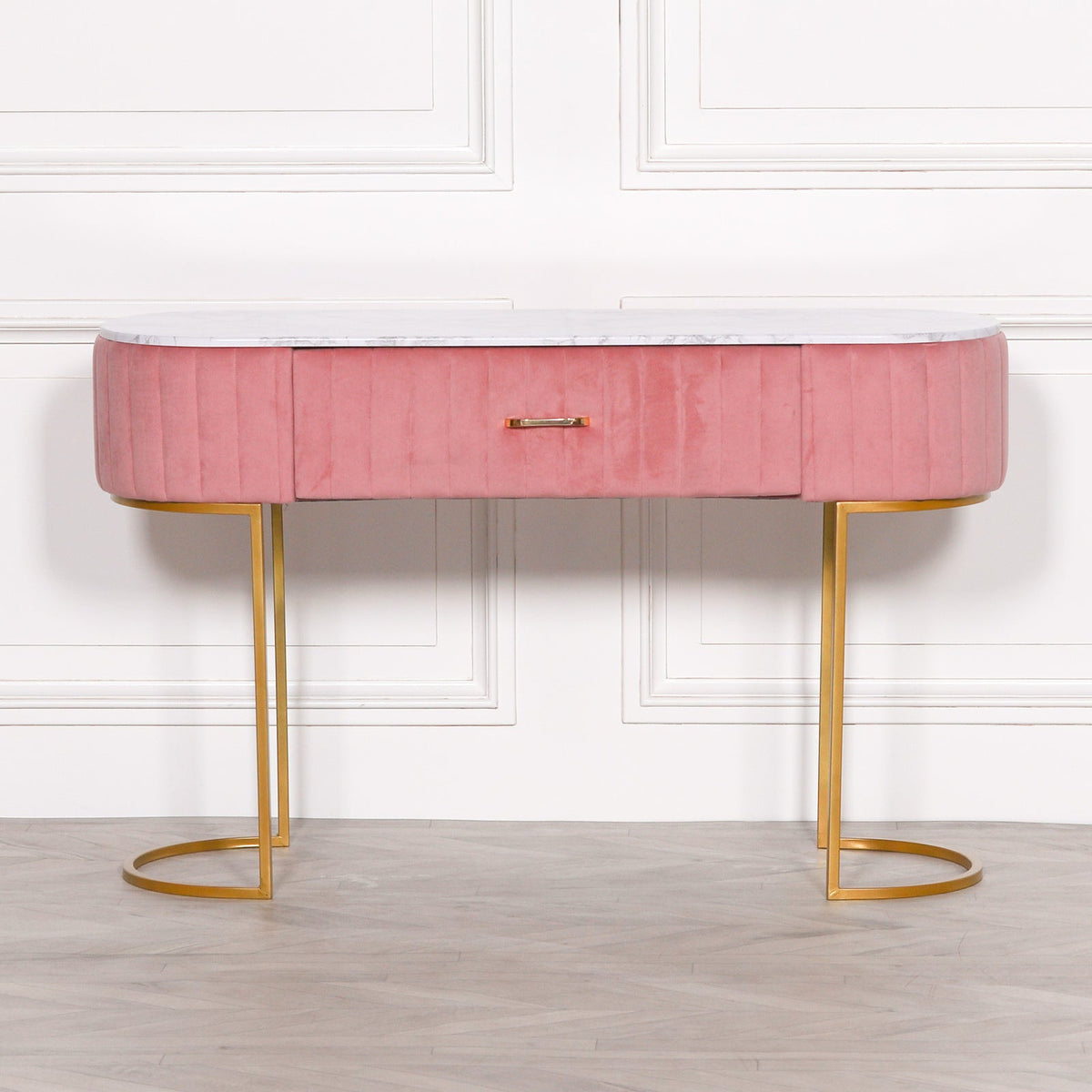 Pink Ribbed Velvet Dressing Table with Marble-Effect Top & Gold Base — 121cm Dressing Table CasaFenix