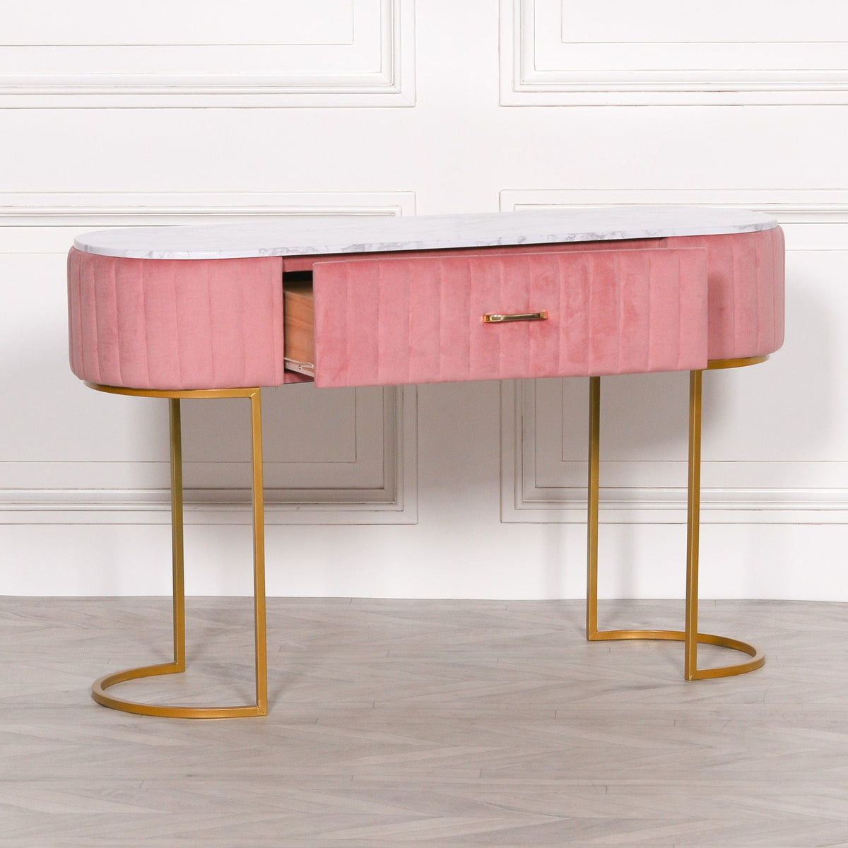 Pink Ribbed Velvet Dressing Table with Marble-Effect Top & Gold Base — 121cm Dressing Table CasaFenix