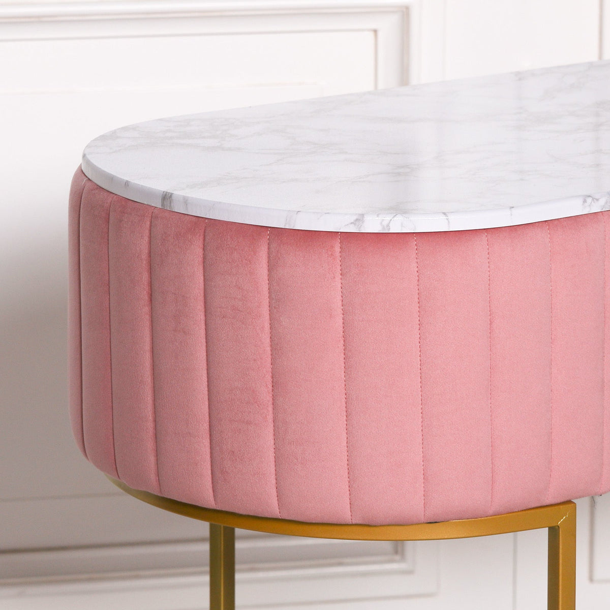 Pink Ribbed Velvet Dressing Table with Marble-Effect Top & Gold Base — 121cm Dressing Table CasaFenix