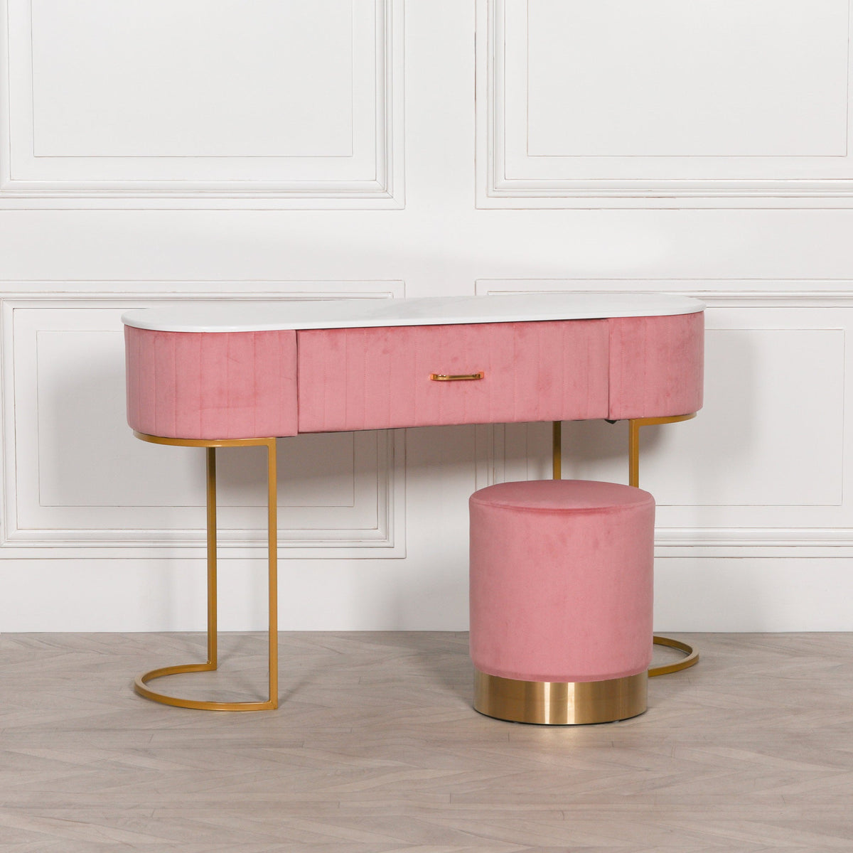 Pink Ribbed Velvet Dressing Table with Marble-Effect Top & Gold Base — 121cm Dressing Table CasaFenix