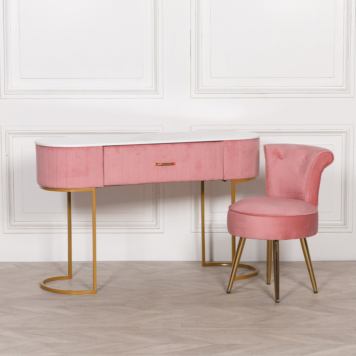 Pink Ribbed Velvet Dressing Table with Marble-Effect Top & Gold Base — 121cm Dressing Table CasaFenix