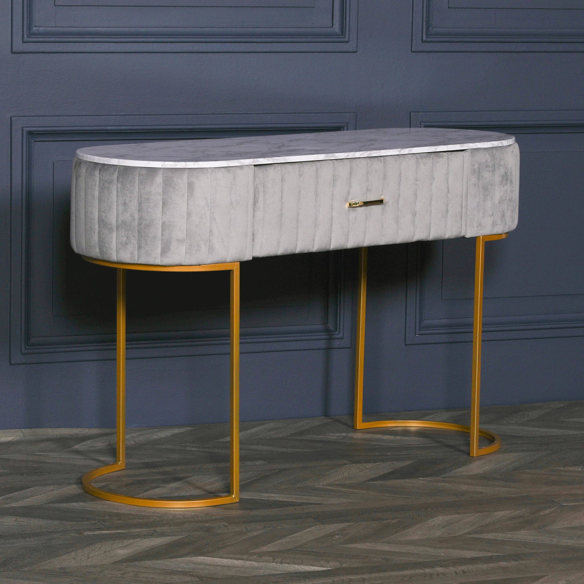 Grey Ribbed Velvet Dressing Table with Marble-Effect Top & Gold Base — 121cm Dressing Table CasaFenix