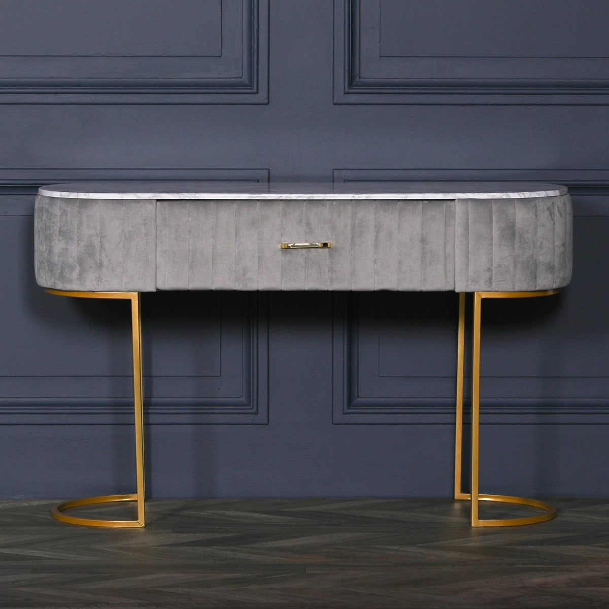 Grey Ribbed Velvet Dressing Table with Marble-Effect Top & Gold Base — 121cm Dressing Table CasaFenix