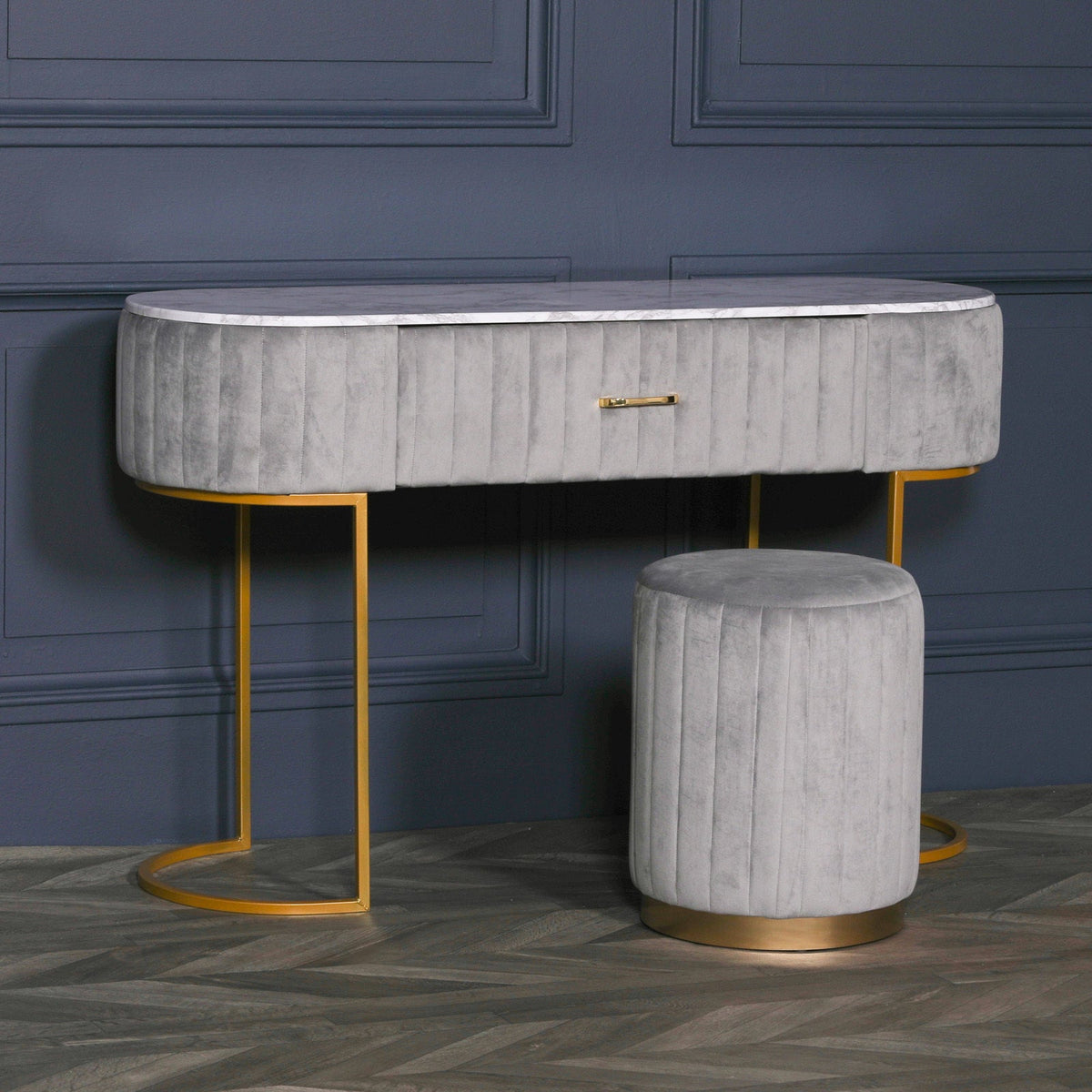 Grey Ribbed Velvet Dressing Table with Marble-Effect Top & Gold Base — 121cm Dressing Table CasaFenix