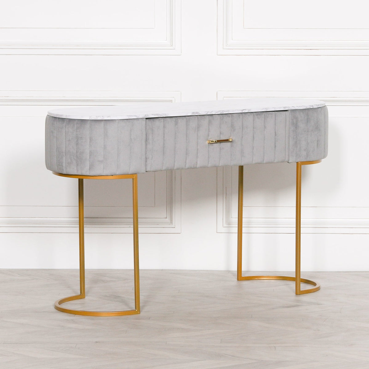 Grey Ribbed Velvet Dressing Table with Marble-Effect Top & Gold Base — 121cm Dressing Table CasaFenix