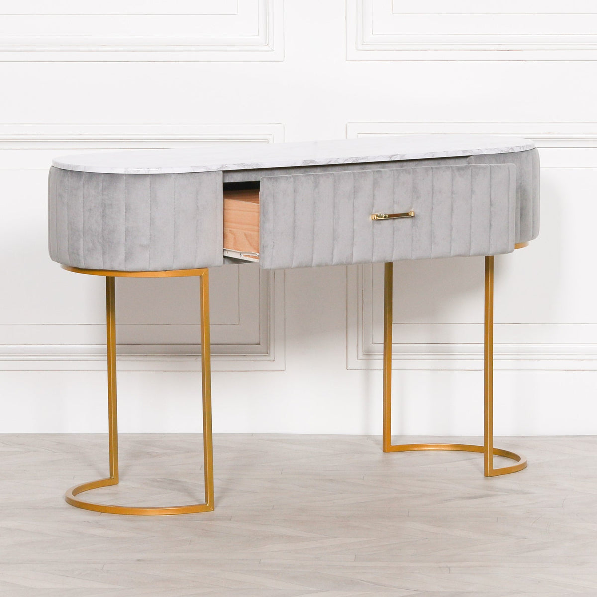 Grey Ribbed Velvet Dressing Table with Marble-Effect Top & Gold Base — 121cm Dressing Table CasaFenix