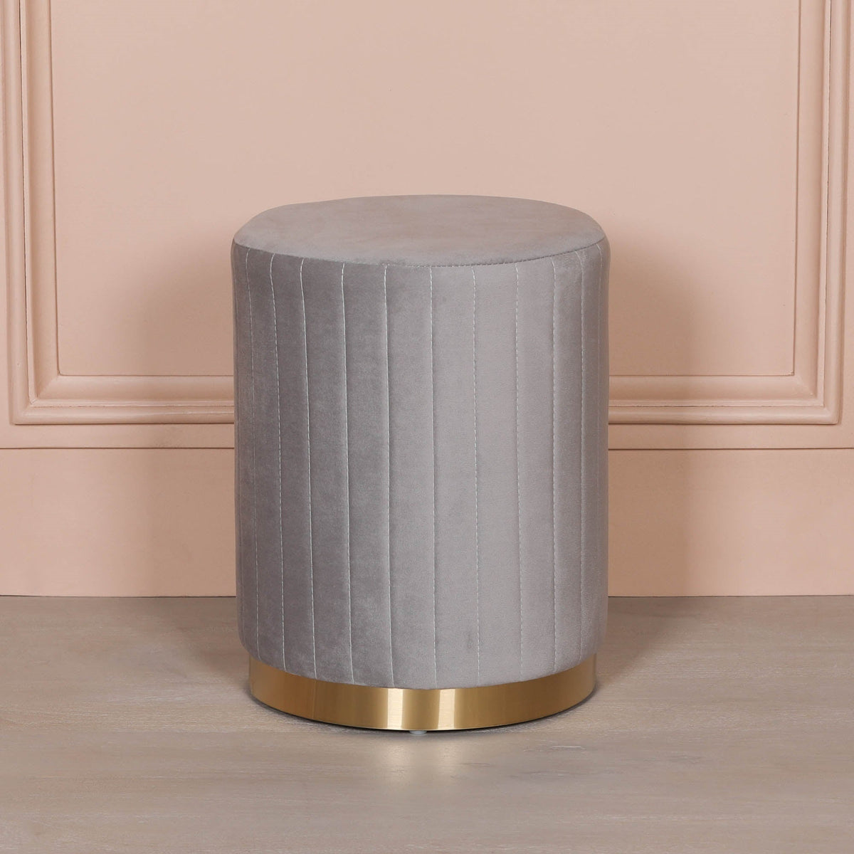 Grey Ribbed Velvet Round Dressing Table Stool with Gold Base Stools CasaFenix