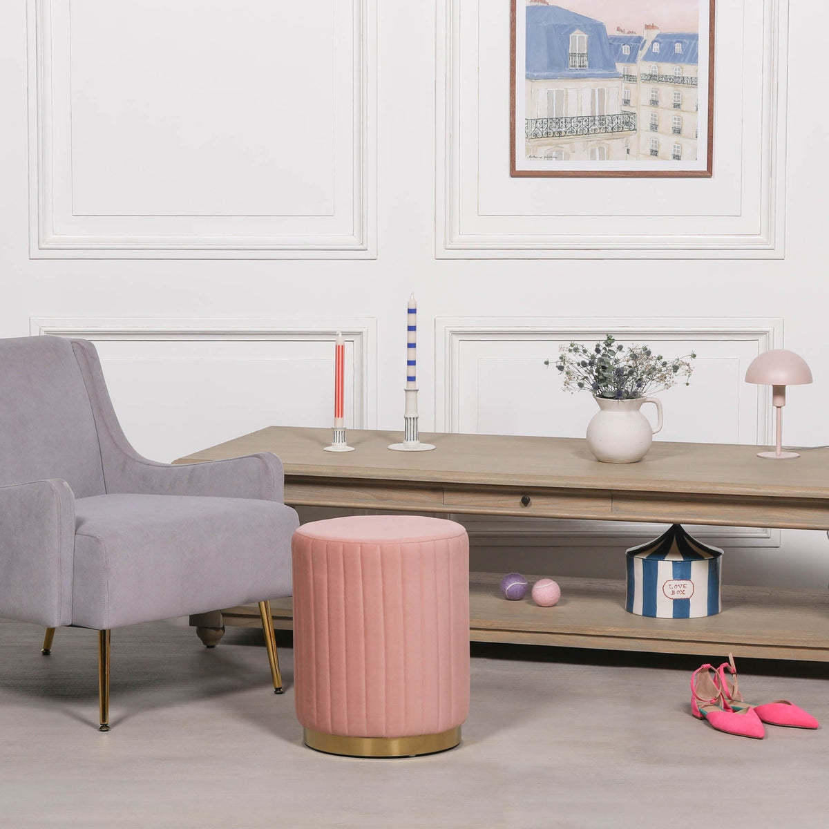 Pink Velvet Round Stool stool CasaFenix