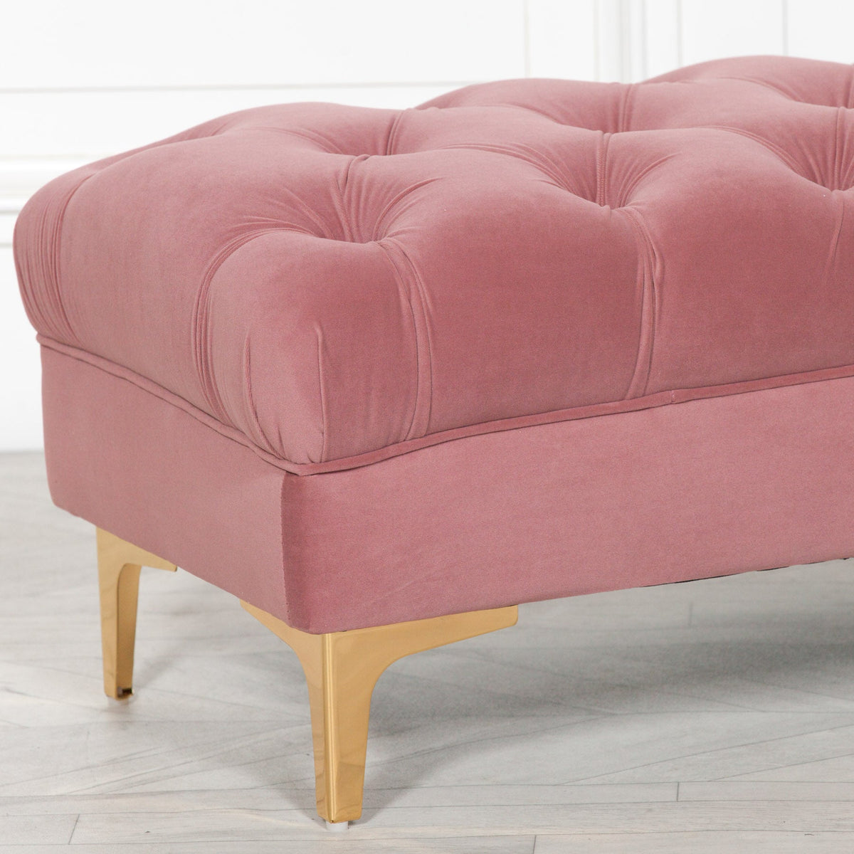Pink Velvet Buttoned Ottoman Bench with Gold Legs — 101cm Stools CasaFenix
