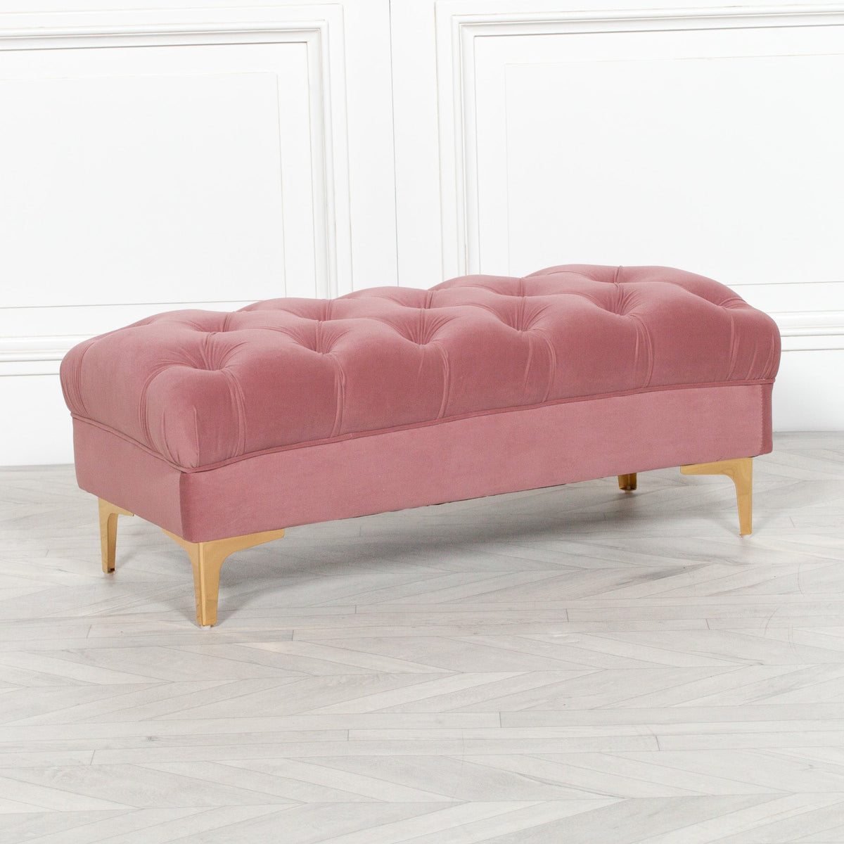 Pink Velvet Buttoned Ottoman Bench with Gold Legs — 101cm Stools CasaFenix