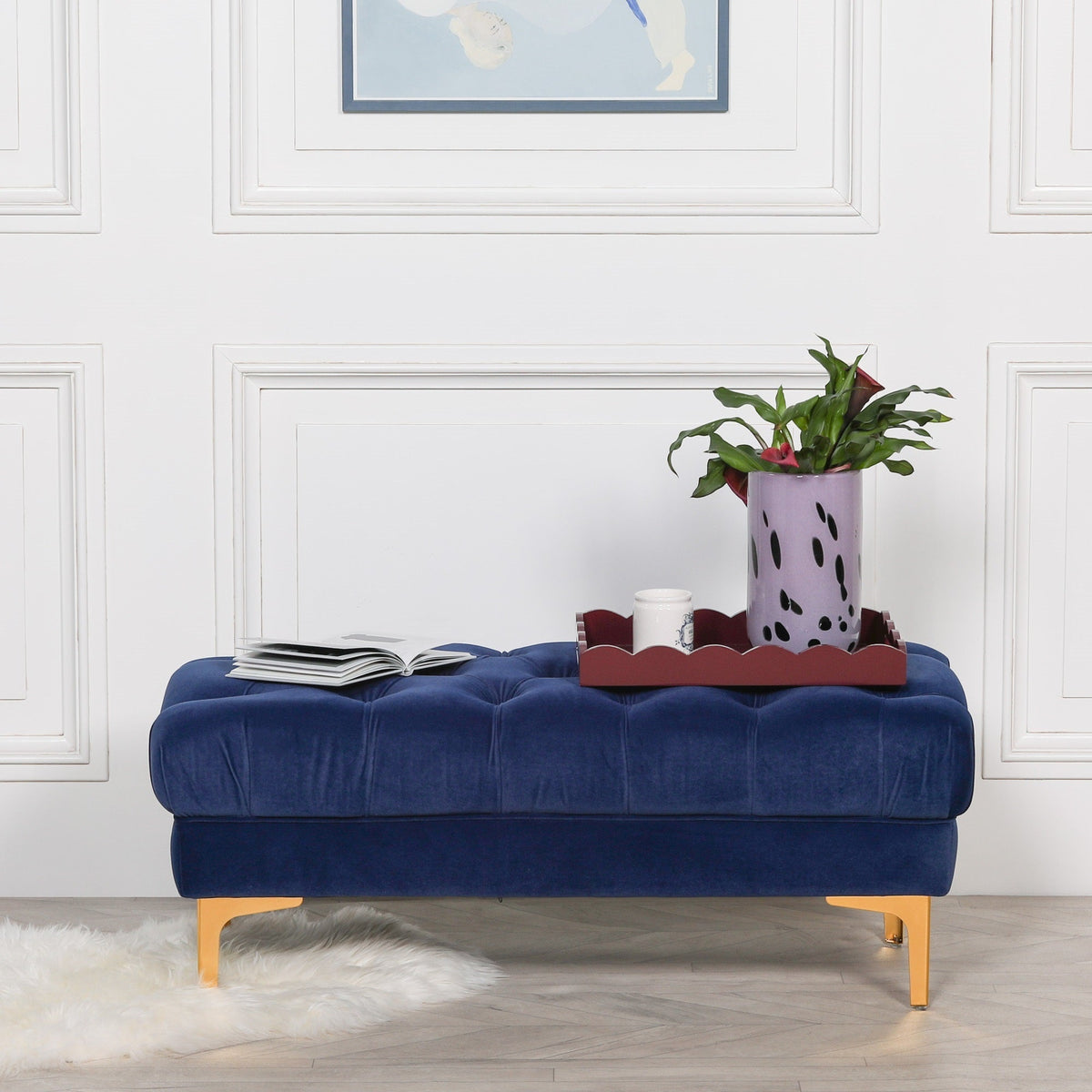 Midnight Blue Velvet Buttoned Ottoman Bench with Gold Legs — 101cm Stools CasaFenix