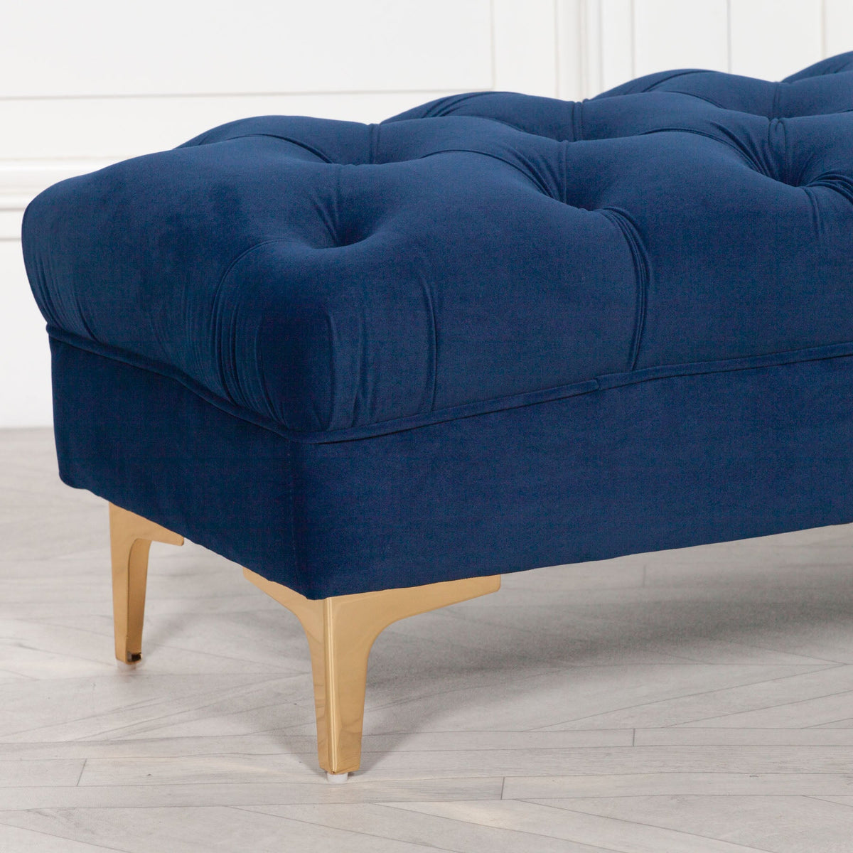 Midnight Blue Velvet Buttoned Ottoman Bench with Gold Legs — 101cm Stools CasaFenix