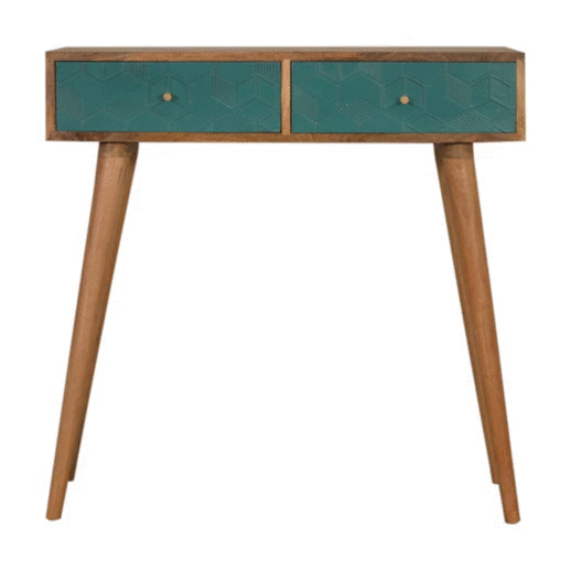 Acadia Teal Console Table Cube Designed 2 Drawers. Nordic Style. Solid Mango Wood - CasaFenix