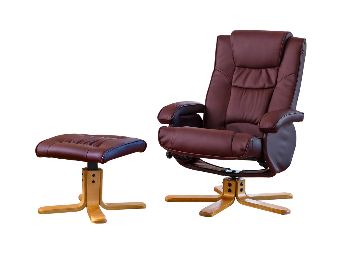 Soft Padded Swivel Recliner Wooden Base + Footstool Available in black, brown, burgundy, cream, grey. Heat Option *** - CasaFenix