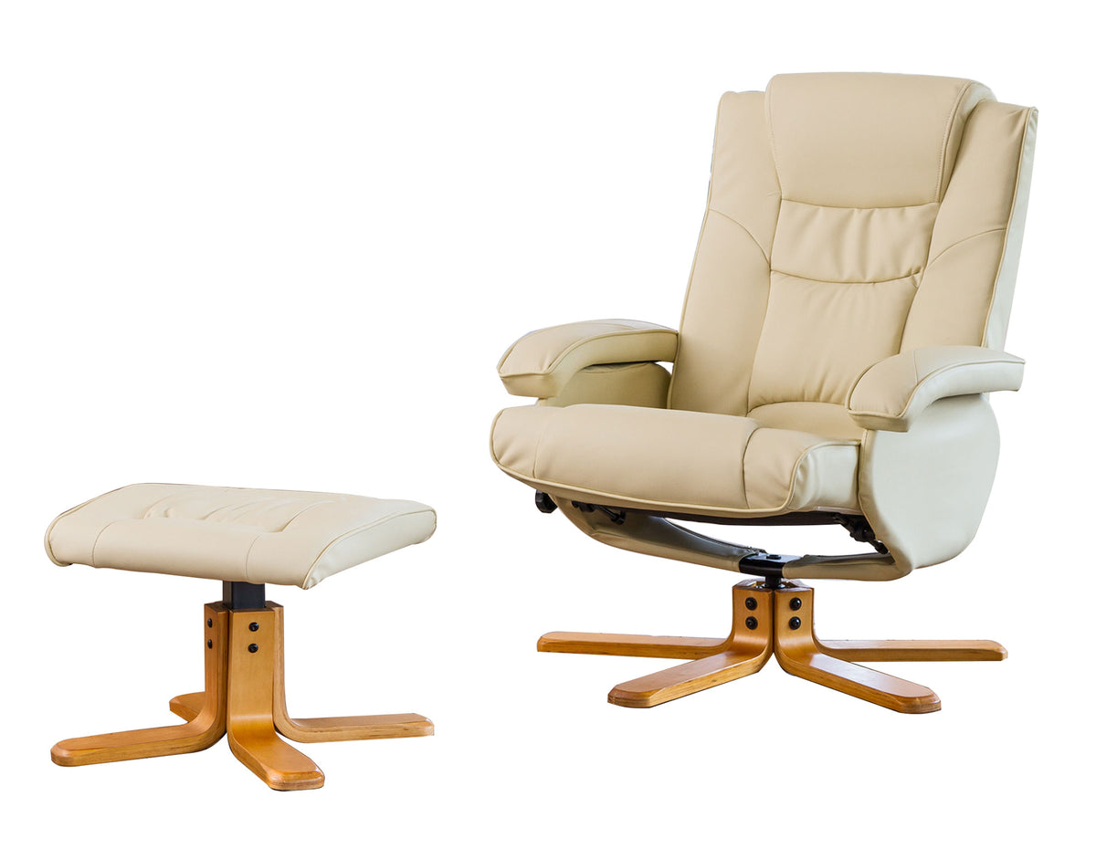 Soft Padded Swivel Recliner Wooden Base + Footstool Available in black, brown, burgundy, cream, grey. Heat Option *** - CasaFenix