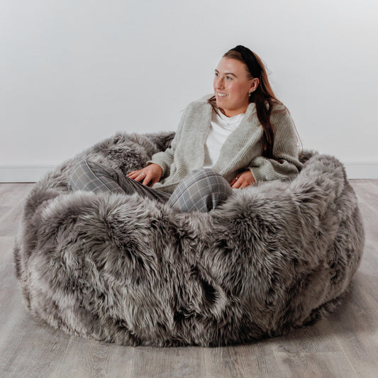 XXL Luxurious Grey Genuine Sheepskin Beanbag - CasaFenix