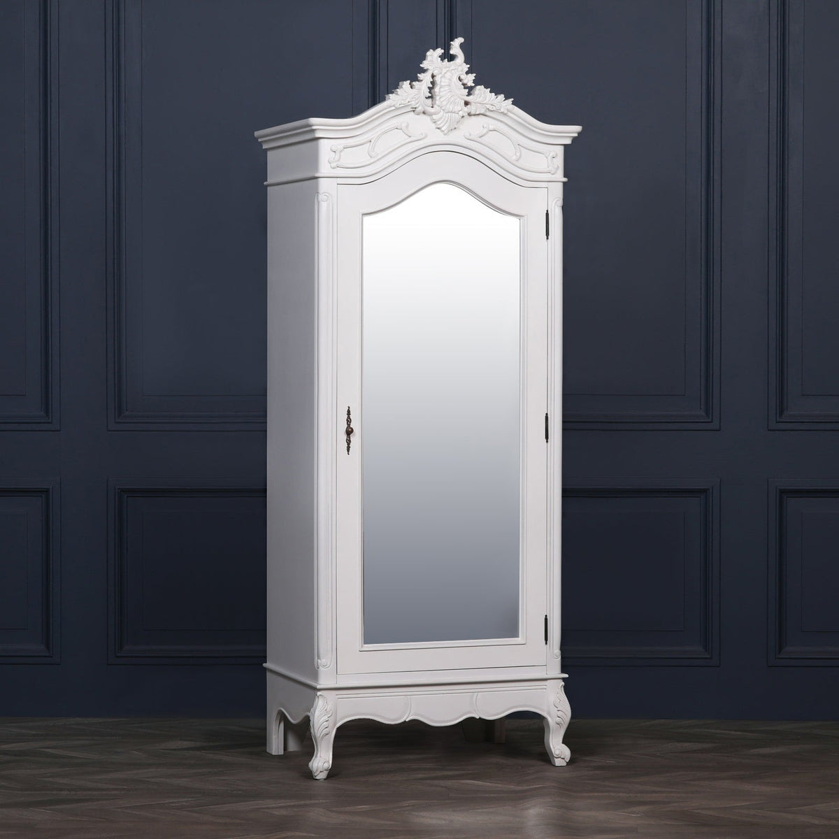 French White Carved Single Door Armoire with Mirrored Door. Wardrobe Armoire CasaFenix