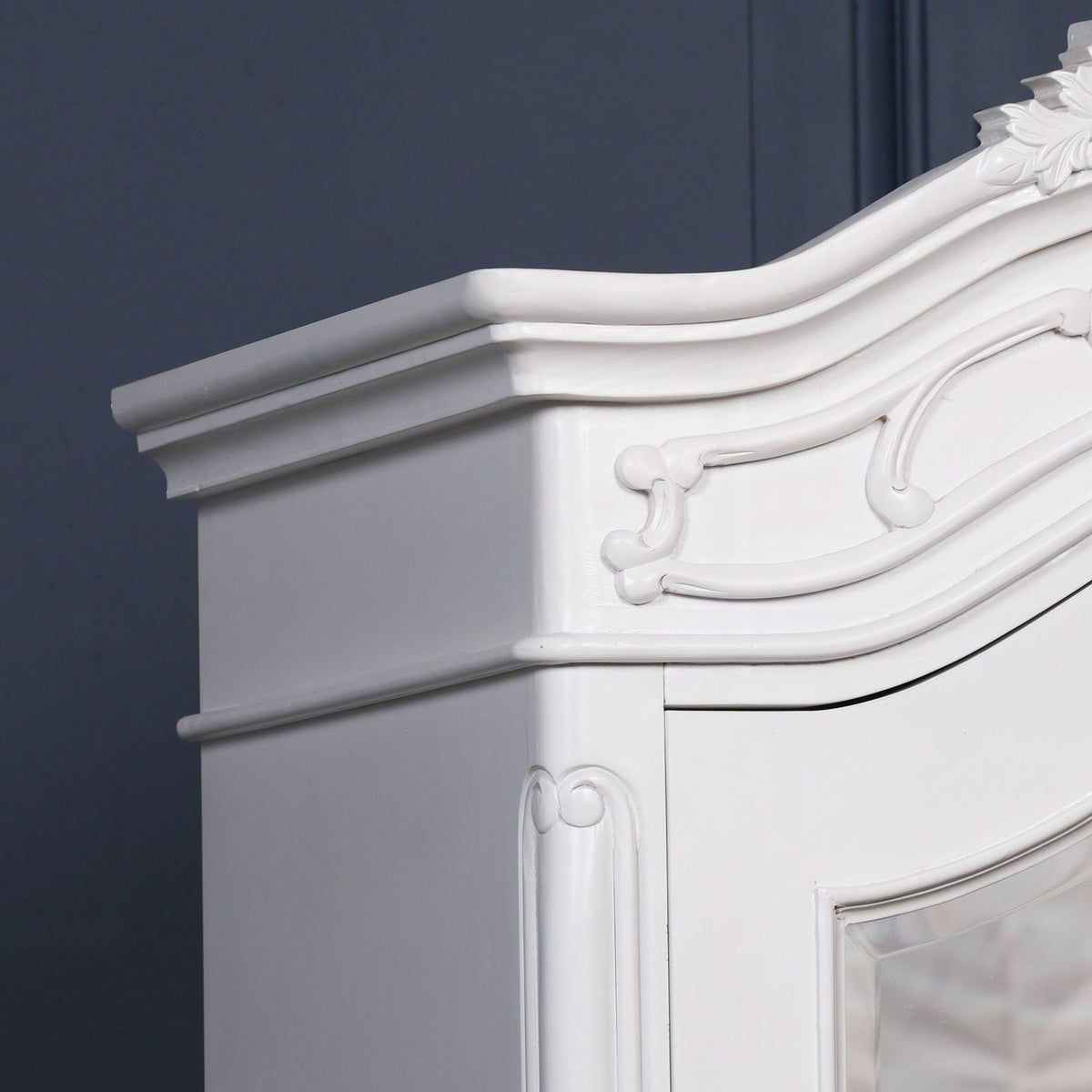 French White Carved Single Door Armoire with Mirrored Door. Wardrobe Armoire CasaFenix