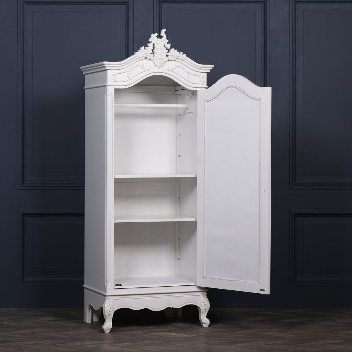 French White Carved Single Door Armoire with Mirrored Door. Wardrobe Armoire CasaFenix
