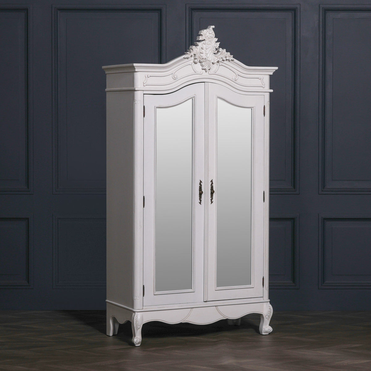 French Rococo White Double Wardrobe with Full-Length Mirrored Doors & Hand-Carved Detail Armoire CasaFenix