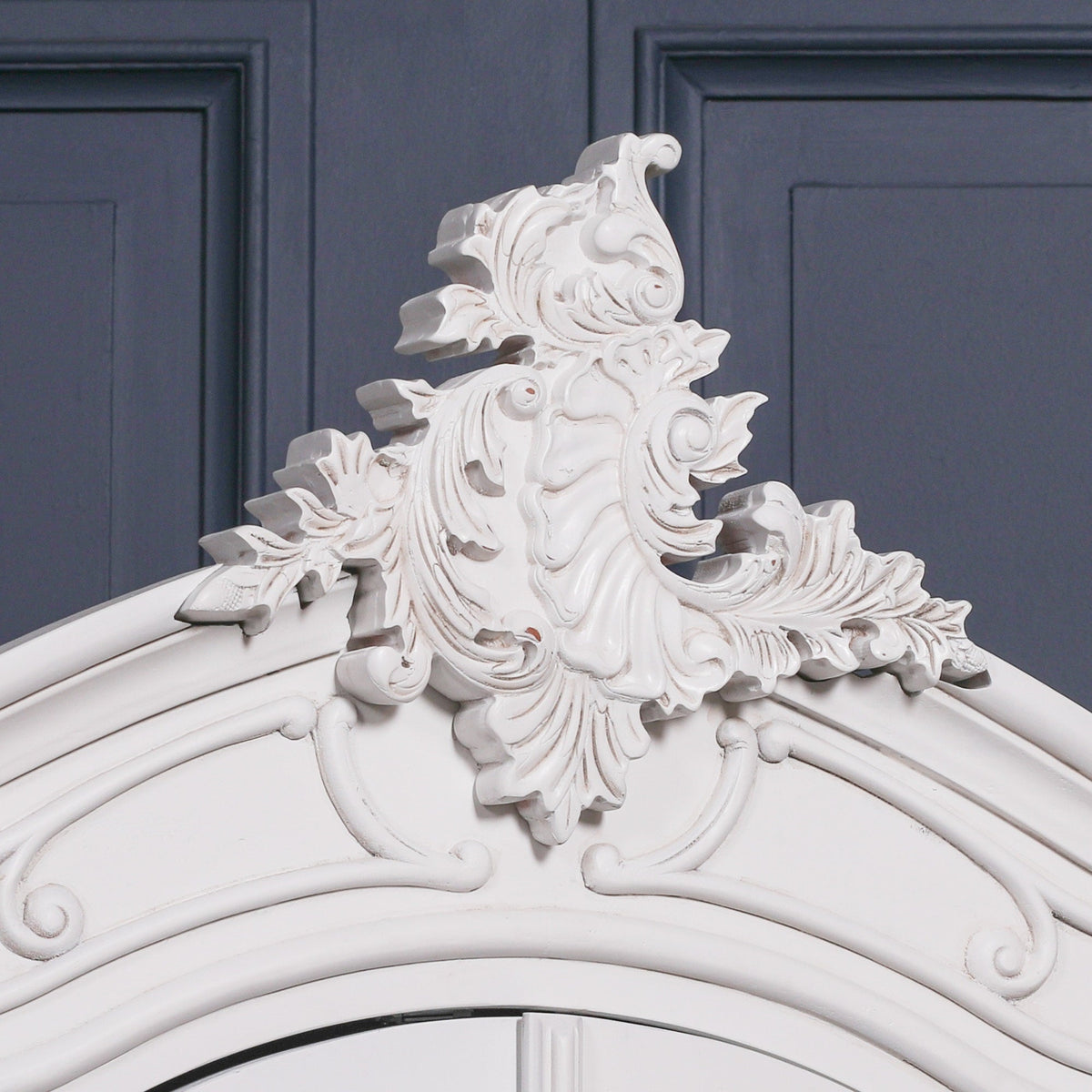 French Rococo White Double Wardrobe with Full-Length Mirrored Doors & Hand-Carved Detail Armoire CasaFenix