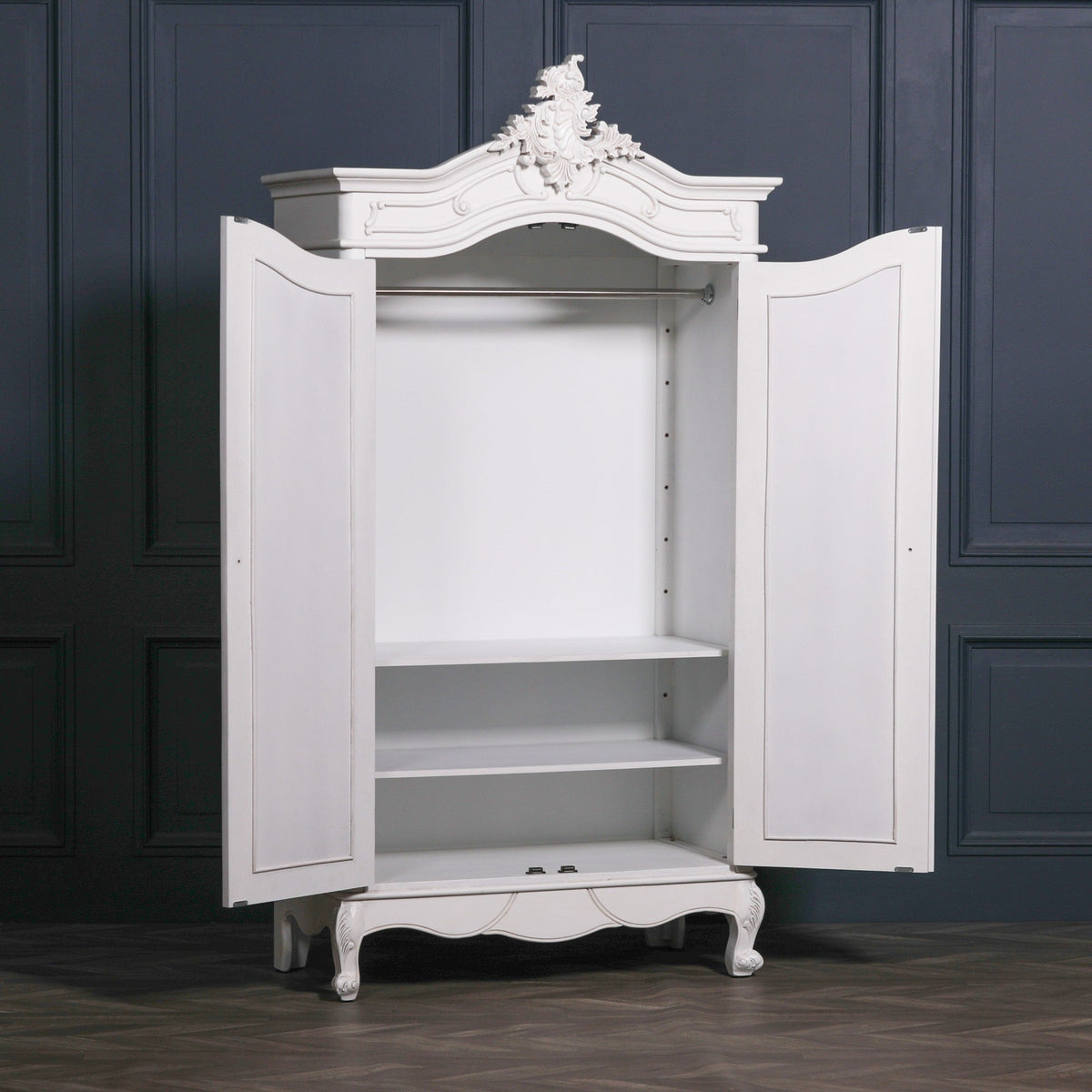 French Rococo White Double Wardrobe with Full-Length Mirrored Doors & Hand-Carved Detail Armoire CasaFenix