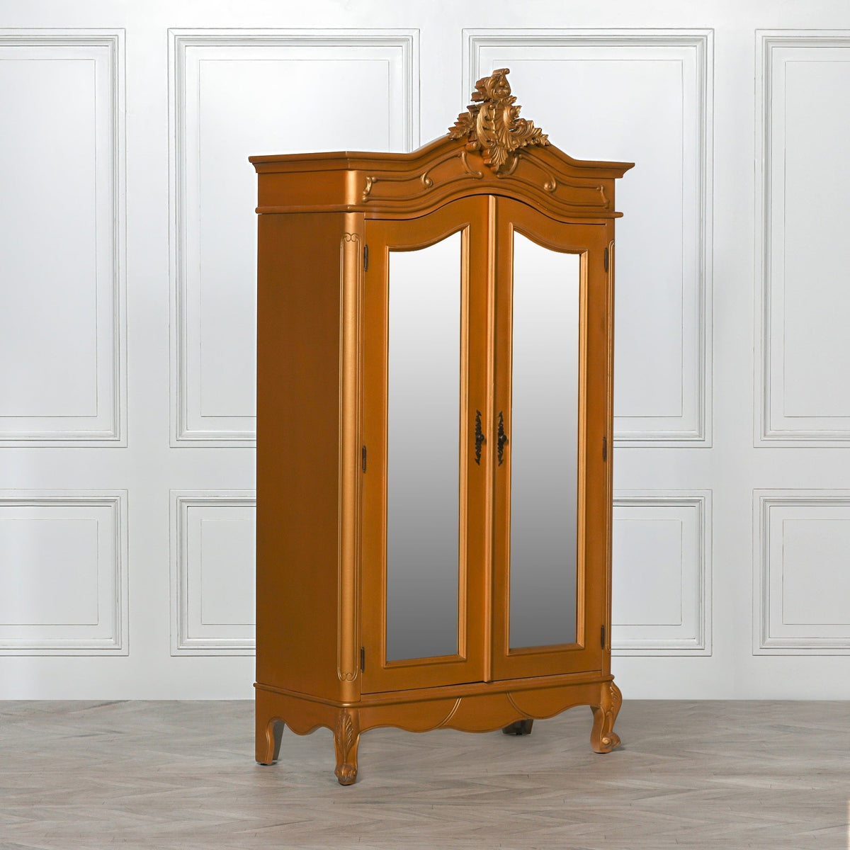 French Rococo Gold Double Wardrobe with Full-Length Mirrored Doors & Hand-Carved Detail Armoire CasaFenix