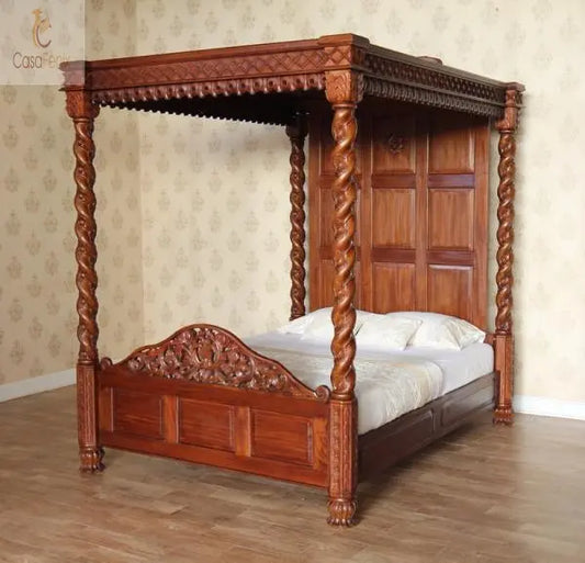 Barley Twist Tudor Style Heavily Carved Solid Mahogany Bed Premium Range - CasaFenix