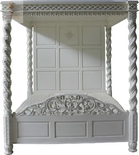 Barley Twist Tudor Style Heavily Carved Solid Mahogany Bed Premium Range - CasaFenix