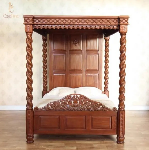 Barley Twist Tudor Style Heavily Carved Solid Mahogany Bed Premium Range - CasaFenix