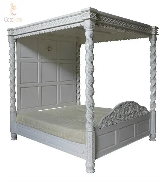 Barley Twist Tudor Style Heavily Carved Solid Mahogany Bed Premium Range - CasaFenix