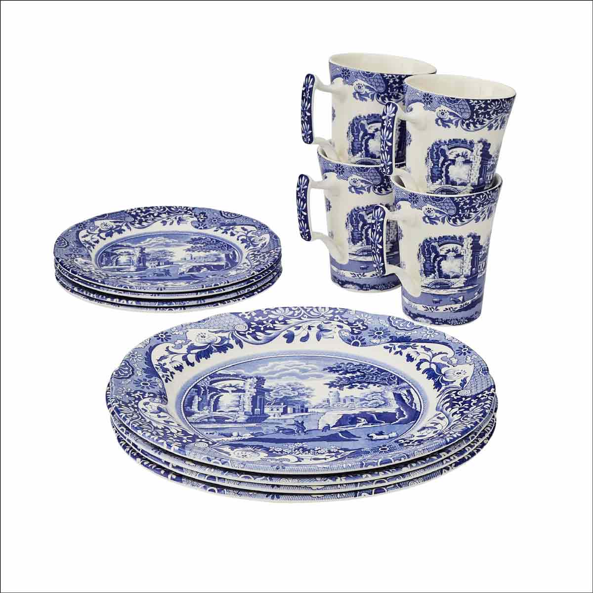Blue Italian 12-Piece Porcelain Dinnerware Set – Classic Spode Design dinnerware CasaFenix