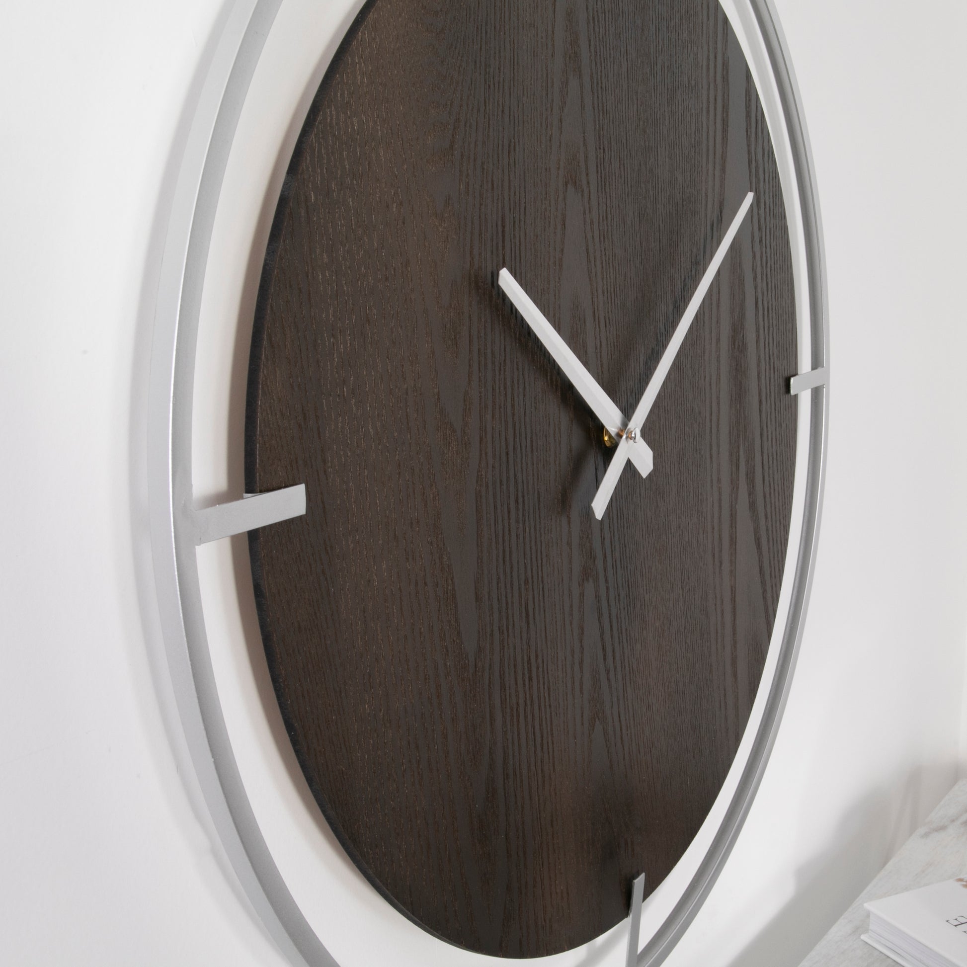 Minimalist Wood Grain and Silver Wall Clock 60cm Diameter  CasaFenix