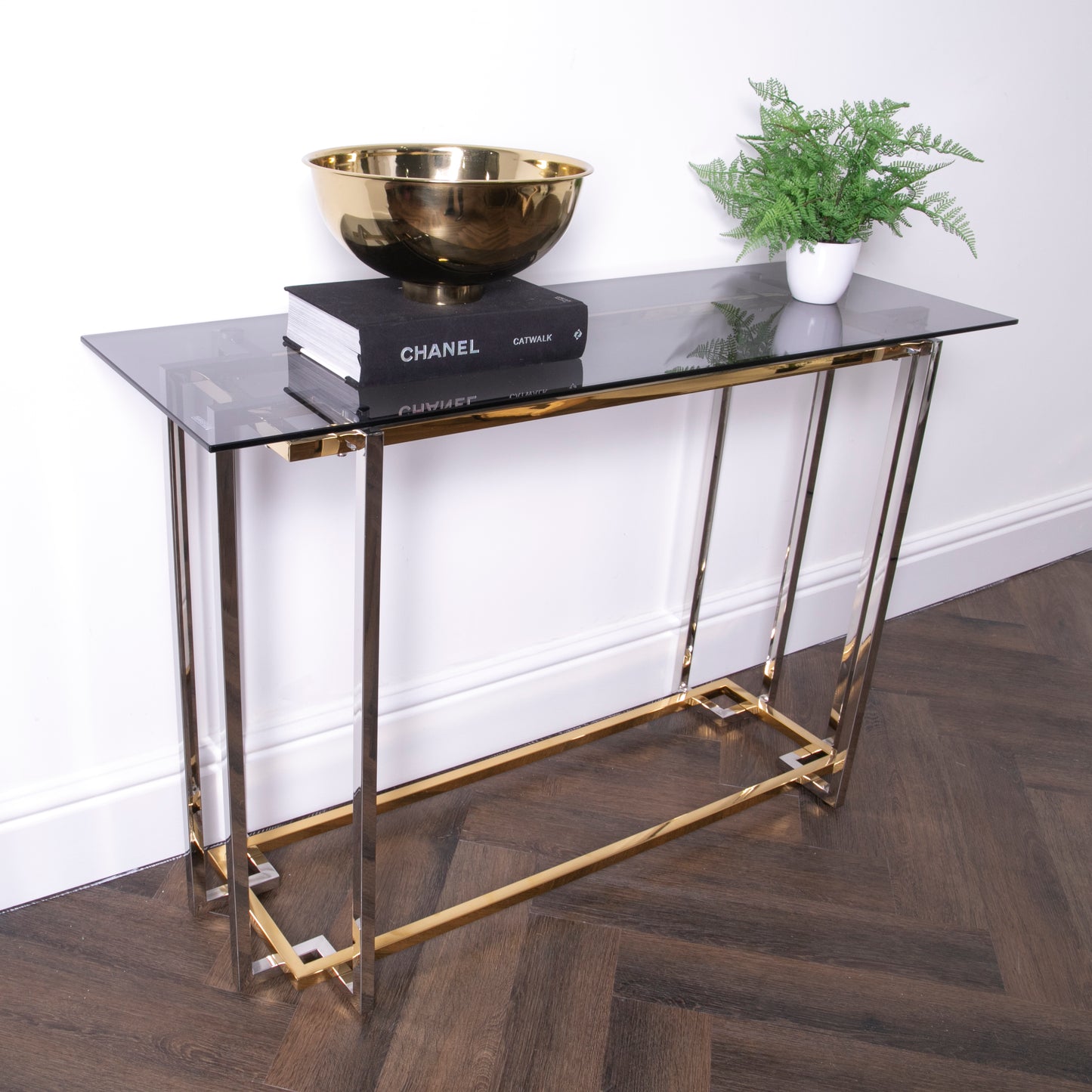 Bullion Gold Metal and Glass Rectangular Console Table 120 x 60 x 45cm  CasaFenix