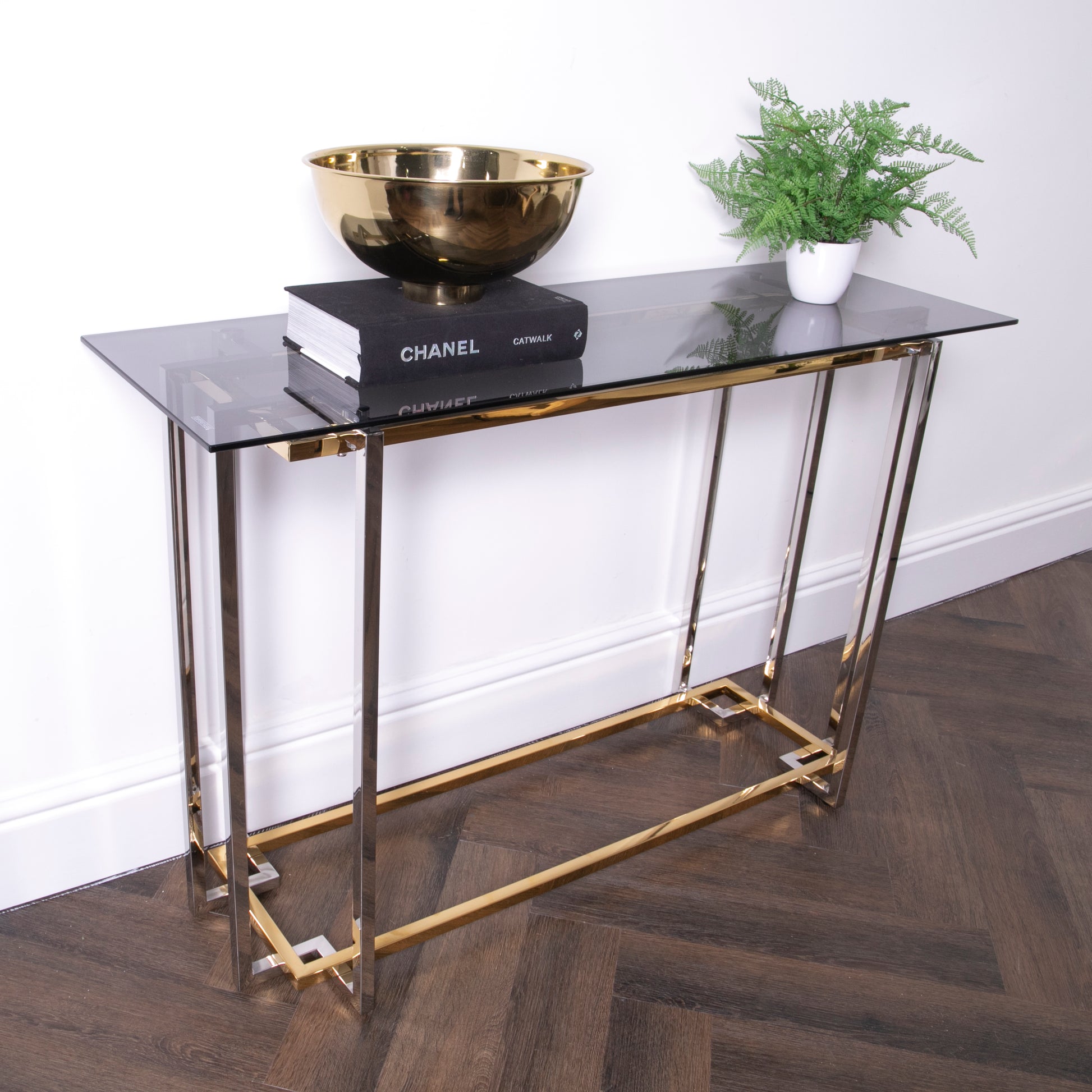 Bullion Gold Metal and Glass Rectangular Console Table 120 x 60 x 45cm  CasaFenix