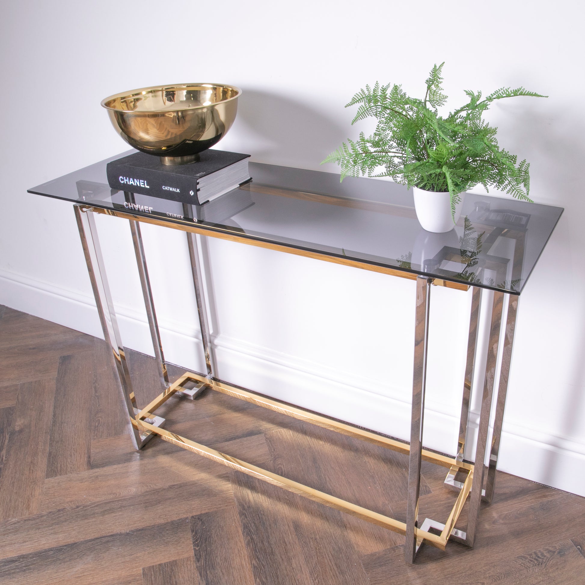 Bullion Gold Metal and Glass Rectangular Console Table 120 x 60 x 45cm  CasaFenix
