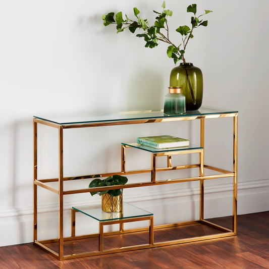 Gold Coloured Metal and Glass Tall Display Console Hall Table L120 x H78cm Console Table CasaFenix