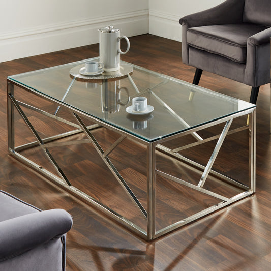 Geometric Silver Metal & Glass Coffee Table 120x60cm Coffee Table CasaFenix