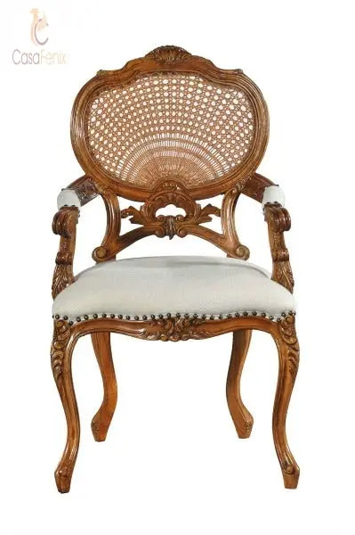 Carved French Rattan & Leather Arm Chair Carver Antique Reproduction Solid Mahogany CasaFenix