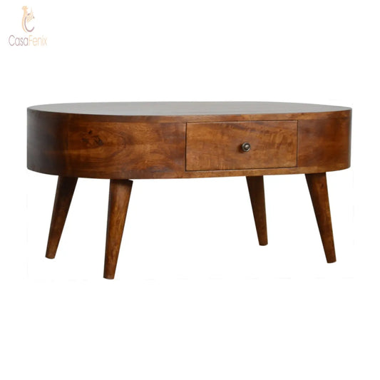 Chestnut Finished Rounded 1 Drawer Solid Wood Coffee Table - CasaFenix